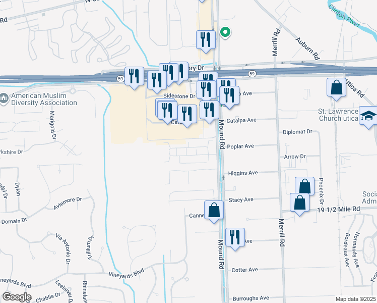 map of restaurants, bars, coffee shops, grocery stores, and more near 5590 Acorn Lane in Sterling Heights