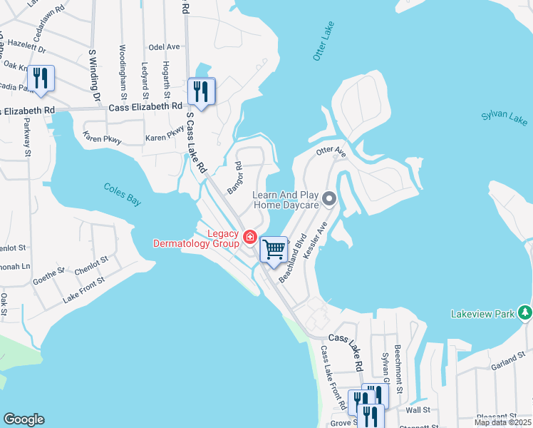 map of restaurants, bars, coffee shops, grocery stores, and more near 1251 Bamford Street in Waterford Township