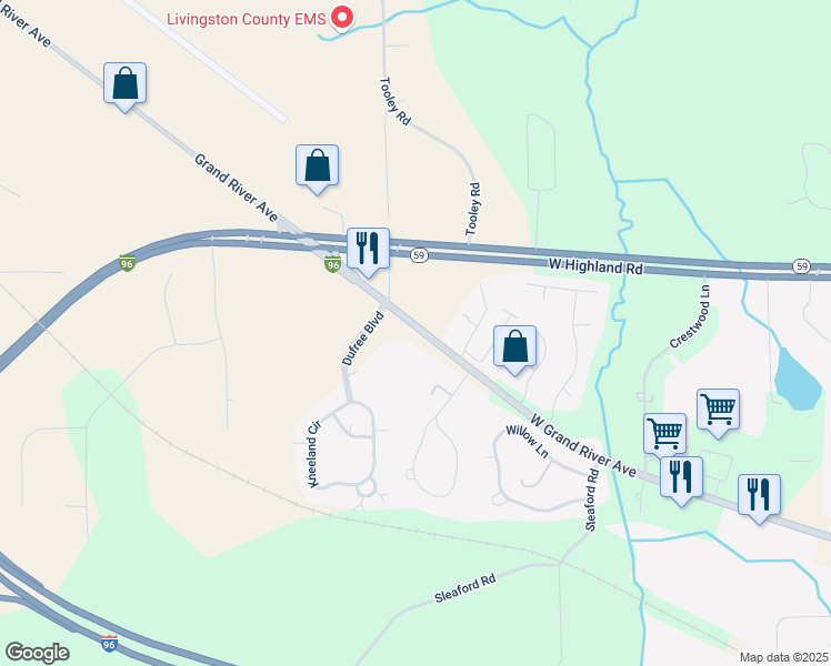 map of restaurants, bars, coffee shops, grocery stores, and more near 3003 Interstate 96 Business Loop in Howell