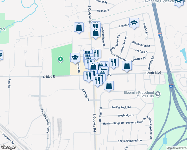 map of restaurants, bars, coffee shops, grocery stores, and more near S Opdyke Rd & South Blvd in Pontiac