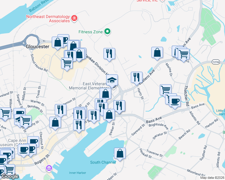 map of restaurants, bars, coffee shops, grocery stores, and more near 11 Webster Street in Gloucester