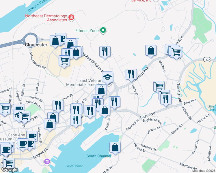 map of restaurants, bars, coffee shops, grocery stores, and more near 11 Webster Street in Gloucester
