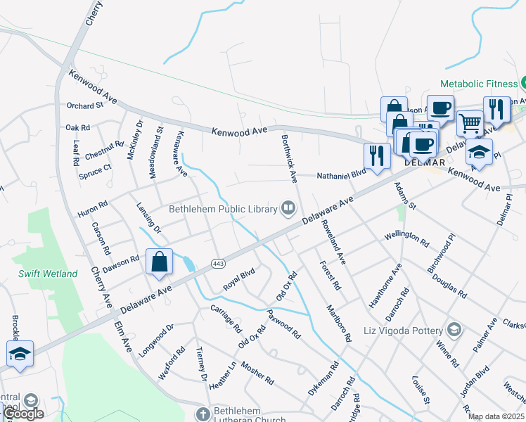 map of restaurants, bars, coffee shops, grocery stores, and more near 467 Delaware Avenue in Delmar