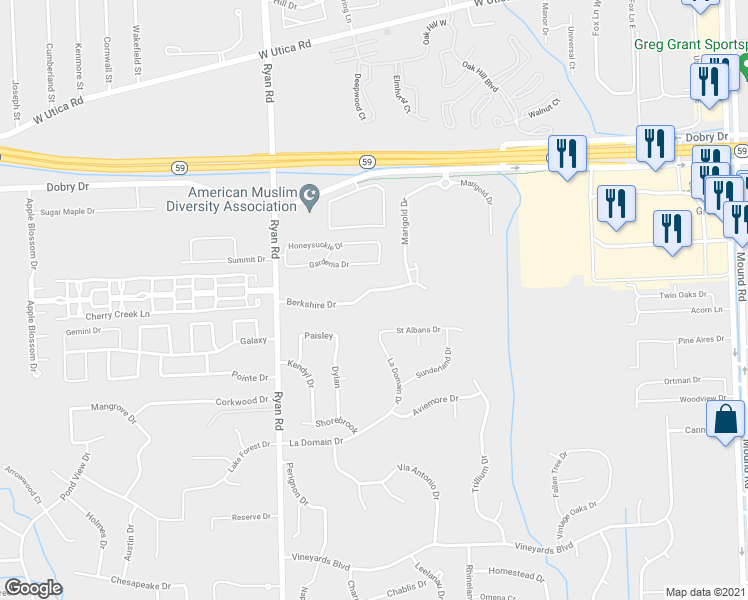 map of restaurants, bars, coffee shops, grocery stores, and more near 4466 Berkshire Drive in Sterling Heights