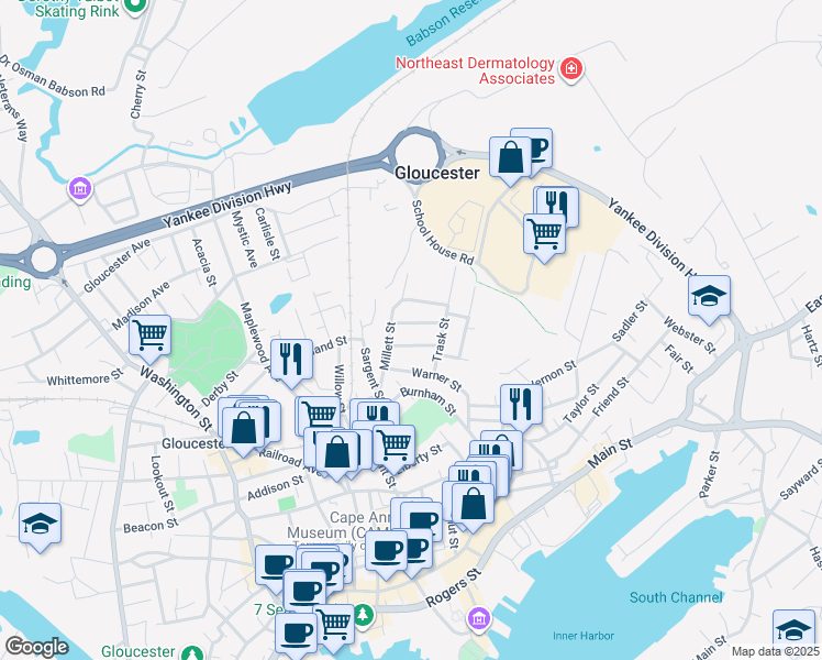 map of restaurants, bars, coffee shops, grocery stores, and more near 5 Forest Street in Gloucester