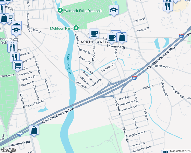 map of restaurants, bars, coffee shops, grocery stores, and more near 80 Bolton Street in Lowell