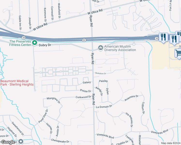 map of restaurants, bars, coffee shops, grocery stores, and more near 44430 Ryan Road in Sterling Heights