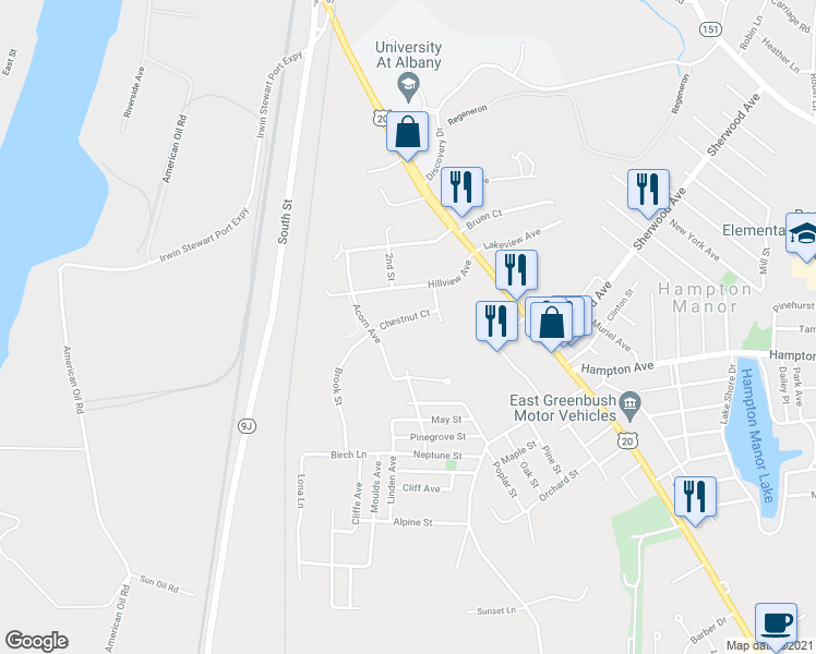 map of restaurants, bars, coffee shops, grocery stores, and more near 18 Chestnut Court in Rensselaer