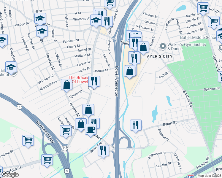map of restaurants, bars, coffee shops, grocery stores, and more near 42 Wellman Street in Lowell