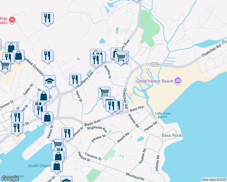 map of restaurants, bars, coffee shops, grocery stores, and more near 10 Rio Drive in Gloucester