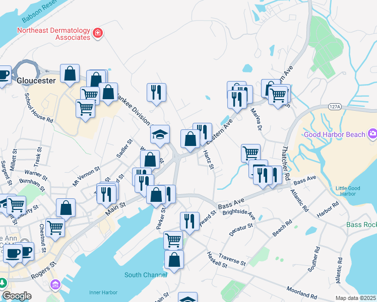 map of restaurants, bars, coffee shops, grocery stores, and more near 9 Neptune Place in Gloucester
