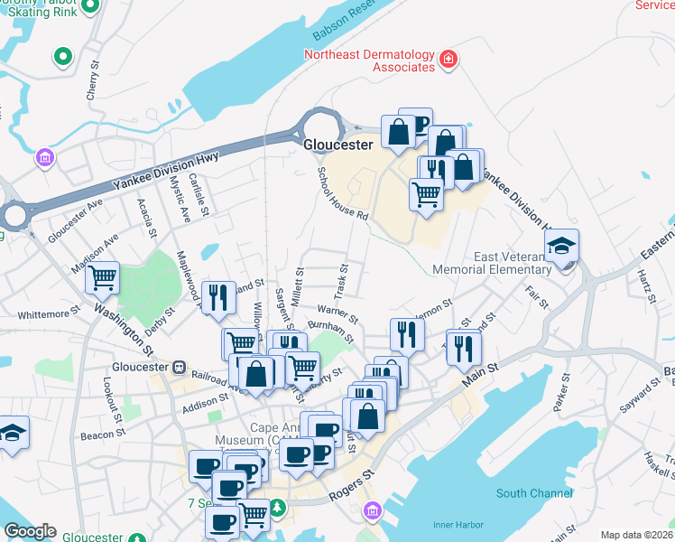 map of restaurants, bars, coffee shops, grocery stores, and more near 9 Trask Street in Gloucester
