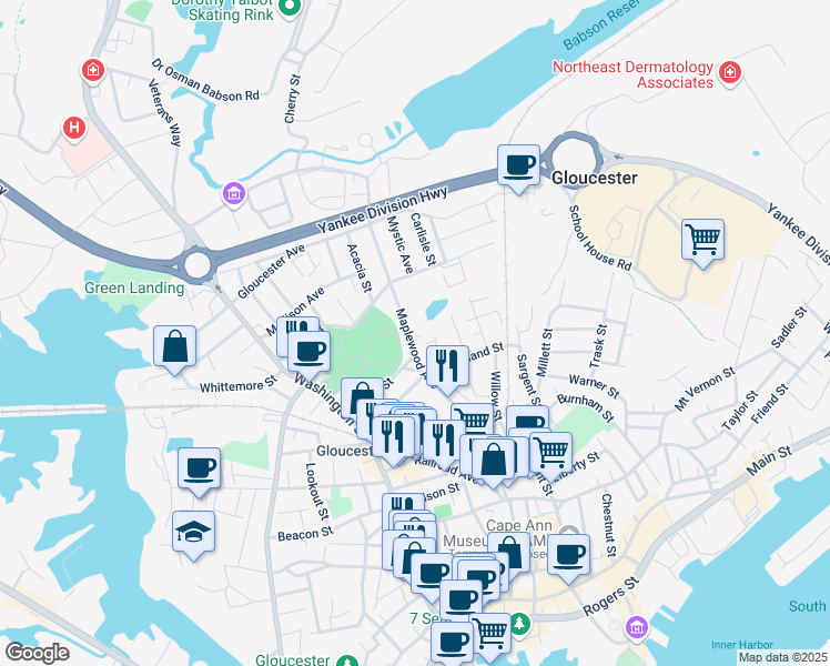 map of restaurants, bars, coffee shops, grocery stores, and more near 42 Derby Street in Gloucester