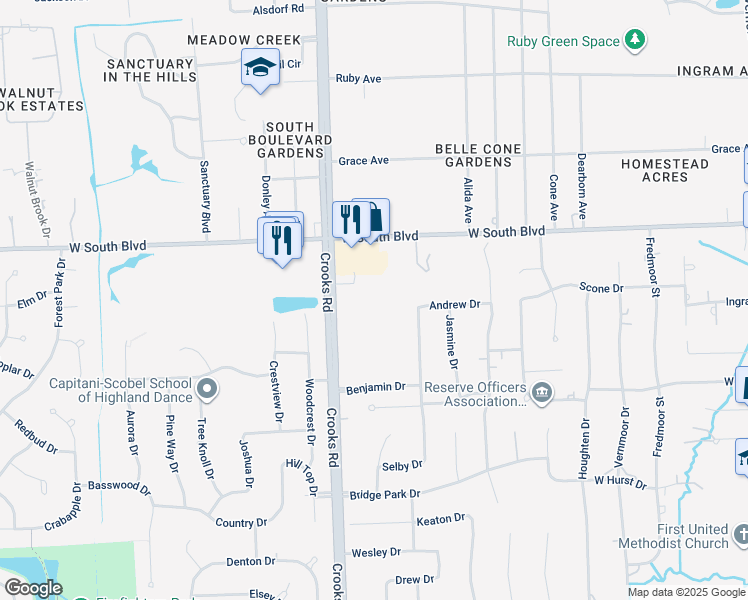 map of restaurants, bars, coffee shops, grocery stores, and more near 6840 Crooks Road in Troy