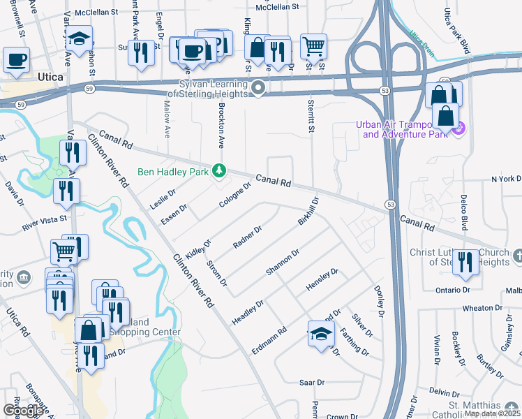 map of restaurants, bars, coffee shops, grocery stores, and more near 8921 Radner Drive in Sterling Heights