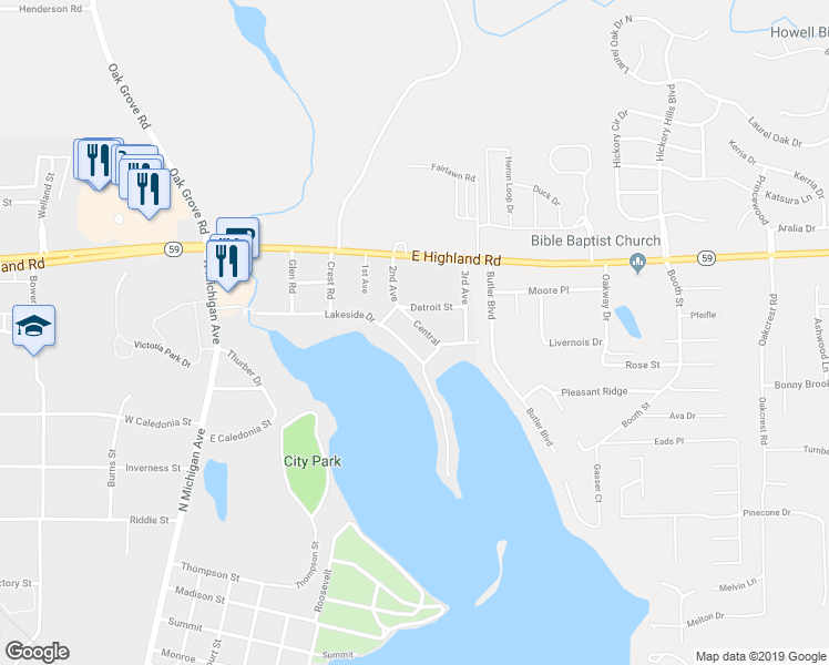 map of restaurants, bars, coffee shops, grocery stores, and more near 1399 Central in Howell