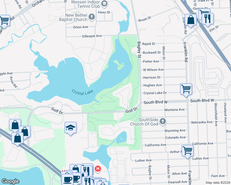 map of restaurants, bars, coffee shops, grocery stores, and more near 237 Oak Ridge Drive in Pontiac