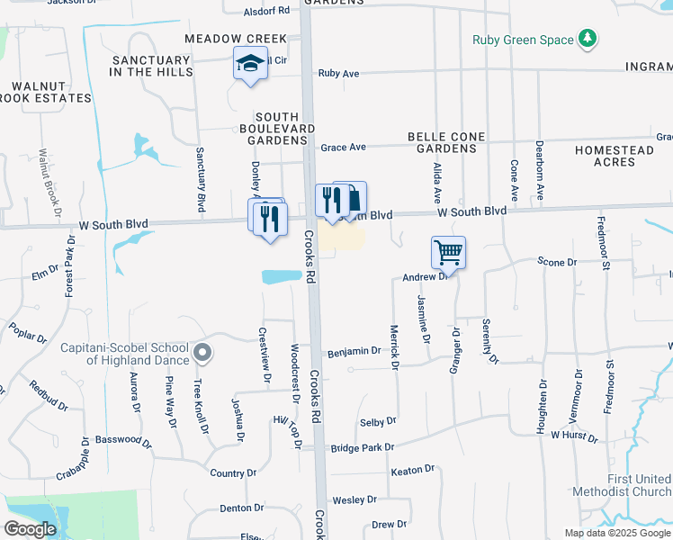 map of restaurants, bars, coffee shops, grocery stores, and more near 6870 Crooks Road in Troy