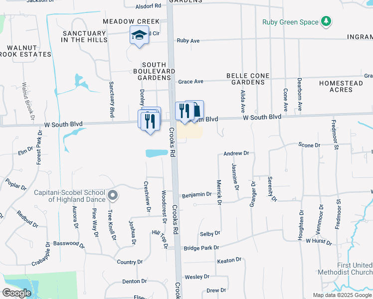 map of restaurants, bars, coffee shops, grocery stores, and more near 6870 Crooks Road in Troy