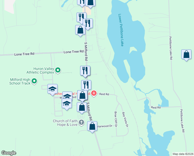 map of restaurants, bars, coffee shops, grocery stores, and more near 2191 South Milford Road in Highland Charter Township