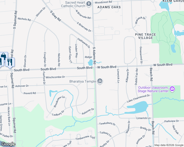 map of restaurants, bars, coffee shops, grocery stores, and more near 6913 North Adams Road in Bloomfield Hills