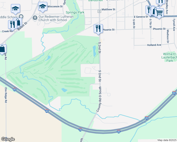 map of restaurants, bars, coffee shops, grocery stores, and more near 130 Eagle Pointe Drive in Delavan
