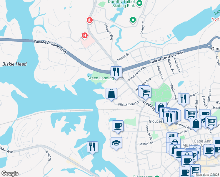 map of restaurants, bars, coffee shops, grocery stores, and more near 3 Gloucester Avenue in Gloucester