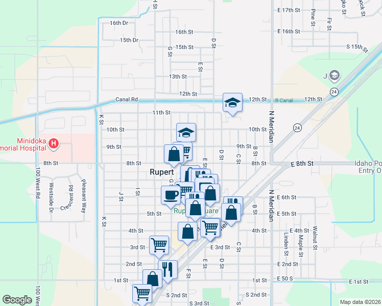 map of restaurants, bars, coffee shops, grocery stores, and more near 724 F Street in Rupert