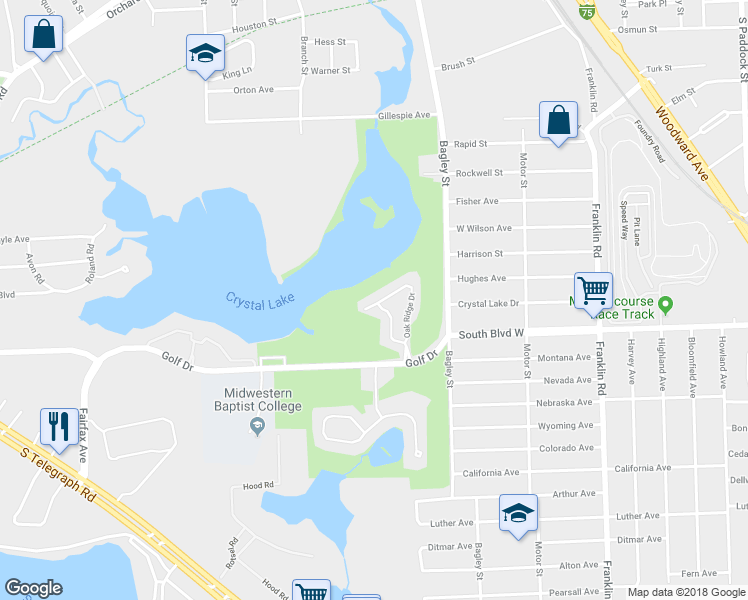 map of restaurants, bars, coffee shops, grocery stores, and more near 253 Oak Ridge Drive in Pontiac