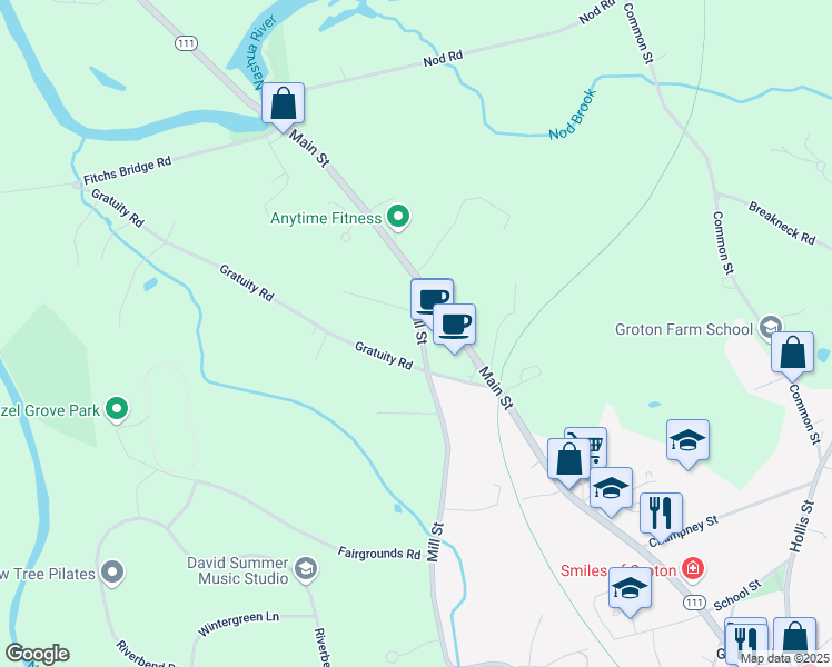 map of restaurants, bars, coffee shops, grocery stores, and more near 257 Mill Street in Groton