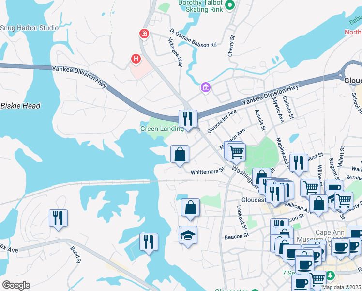 map of restaurants, bars, coffee shops, grocery stores, and more near 226 Washington Street in Gloucester