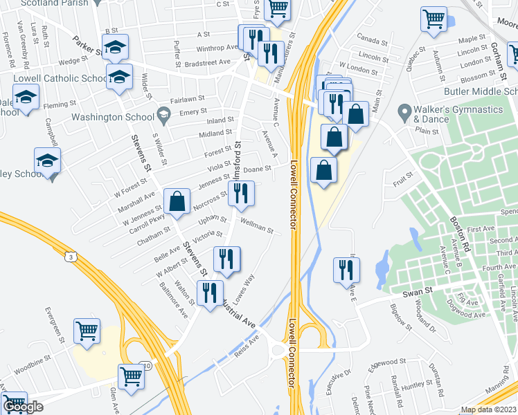 map of restaurants, bars, coffee shops, grocery stores, and more near 706 Chelmsford Street in Lowell