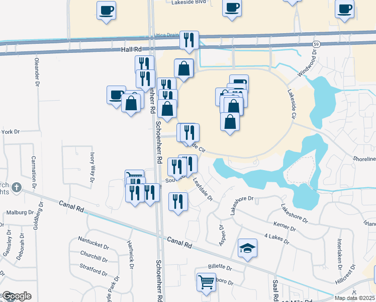 map of restaurants, bars, coffee shops, grocery stores, and more near 13800 Lakeside Cir in Sterling Heights