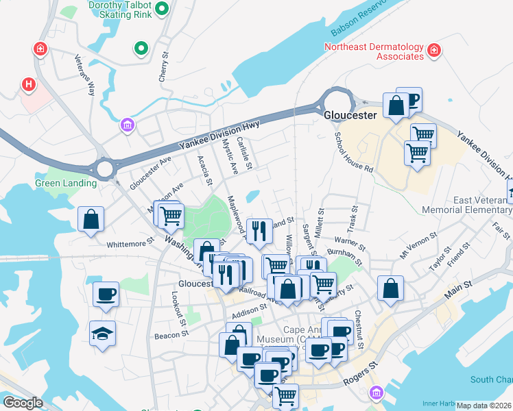 map of restaurants, bars, coffee shops, grocery stores, and more near 16 Cleveland Place in Gloucester