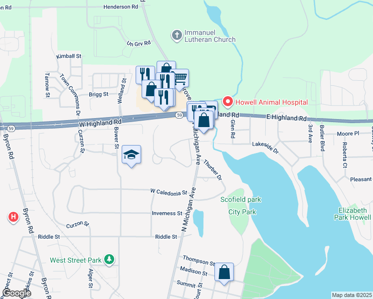 map of restaurants, bars, coffee shops, grocery stores, and more near 1335 Ashebury Lane in Howell