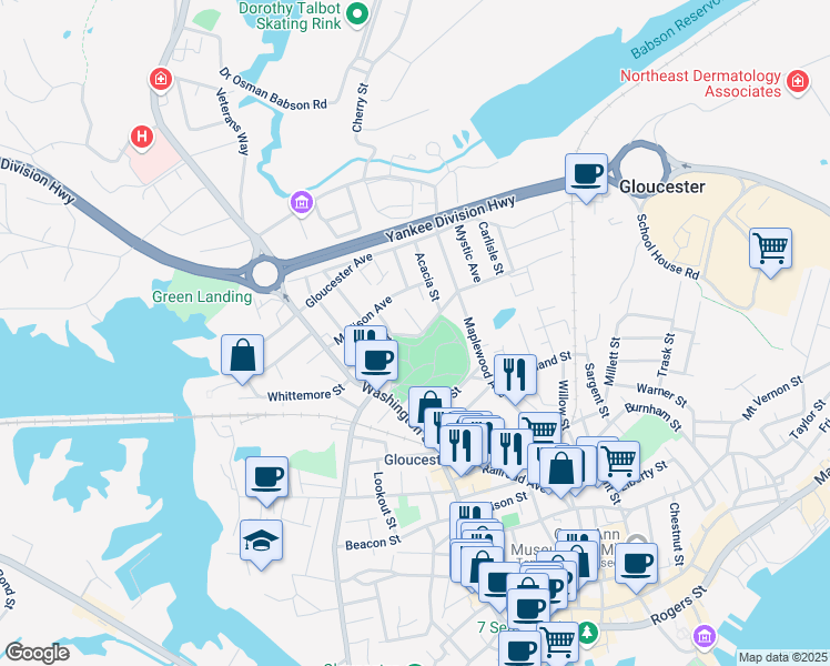 map of restaurants, bars, coffee shops, grocery stores, and more near 10 Colonial Street in Gloucester