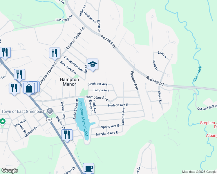 map of restaurants, bars, coffee shops, grocery stores, and more near 255 Pinehurst Avenue in Rensselaer