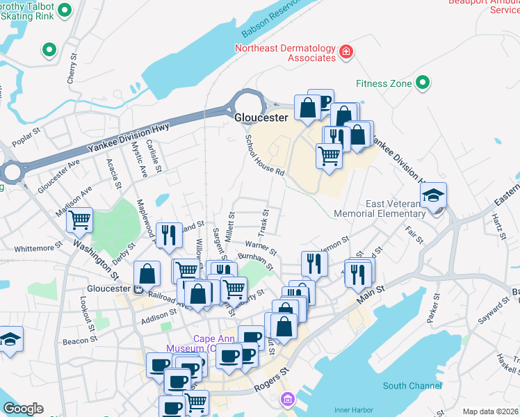 map of restaurants, bars, coffee shops, grocery stores, and more near 18 Summit Street in Gloucester