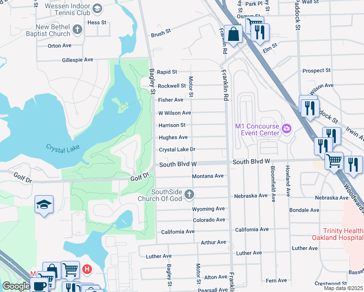 map of restaurants, bars, coffee shops, grocery stores, and more near 262 Hughes Avenue in Pontiac