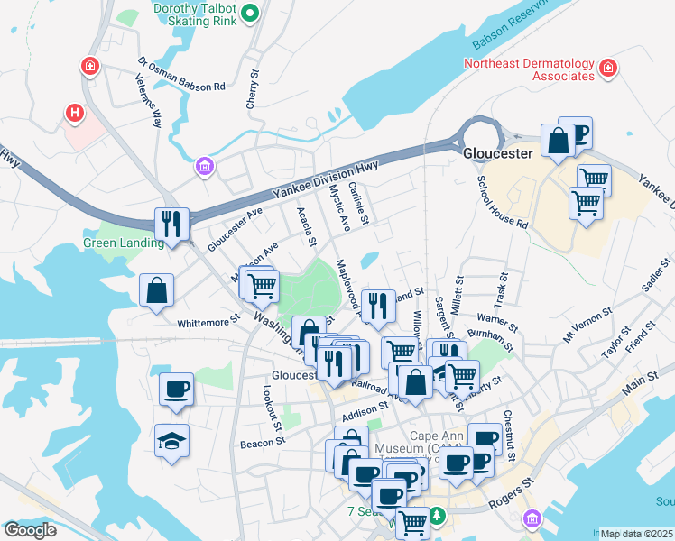 map of restaurants, bars, coffee shops, grocery stores, and more near 101 Maplewood Avenue in Gloucester