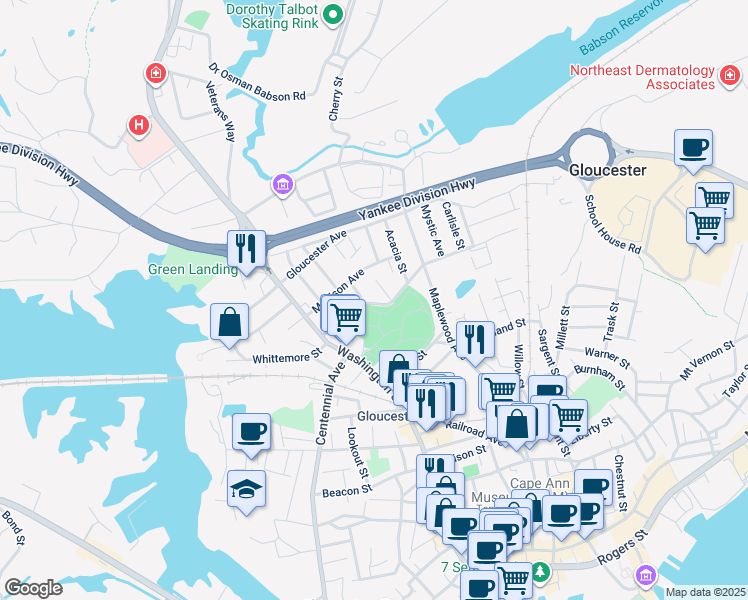map of restaurants, bars, coffee shops, grocery stores, and more near 10 Colonial Street in Gloucester