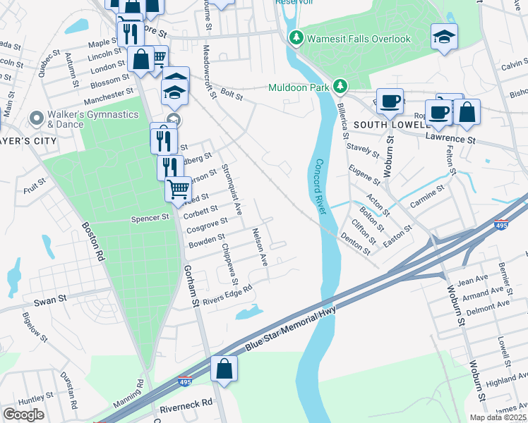 map of restaurants, bars, coffee shops, grocery stores, and more near 132 Bowden Street in Lowell