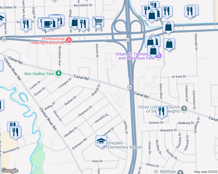 map of restaurants, bars, coffee shops, grocery stores, and more near 11375 Canal Road in Sterling Heights