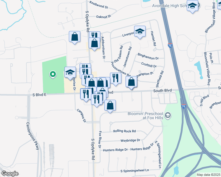 map of restaurants, bars, coffee shops, grocery stores, and more near 2087 South Boulevard in Auburn Hills