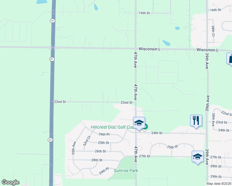 map of restaurants, bars, coffee shops, grocery stores, and more near 4900 22nd Street in Kenosha