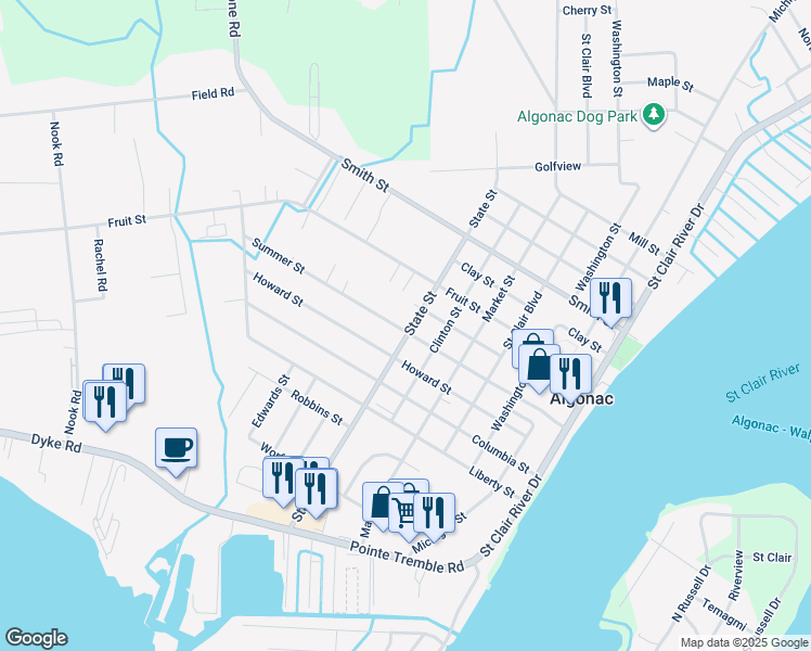 map of restaurants, bars, coffee shops, grocery stores, and more near 1003 State Street in Algonac