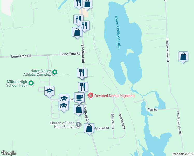 map of restaurants, bars, coffee shops, grocery stores, and more near 179 Jeremy Court in Highland Charter Township