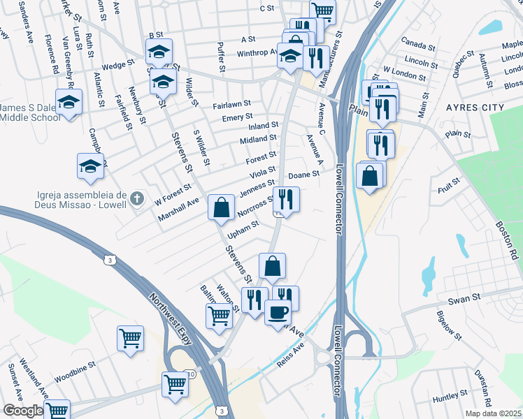 map of restaurants, bars, coffee shops, grocery stores, and more near 25 Norcross Street in Lowell