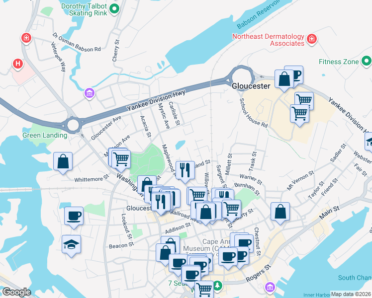 map of restaurants, bars, coffee shops, grocery stores, and more near 61R Grove Street in Gloucester