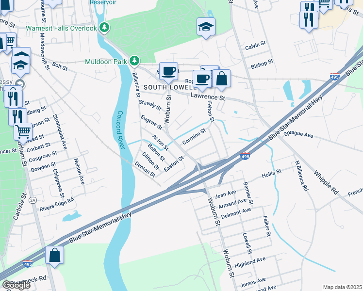 map of restaurants, bars, coffee shops, grocery stores, and more near 24 Carmine Street in Lowell
